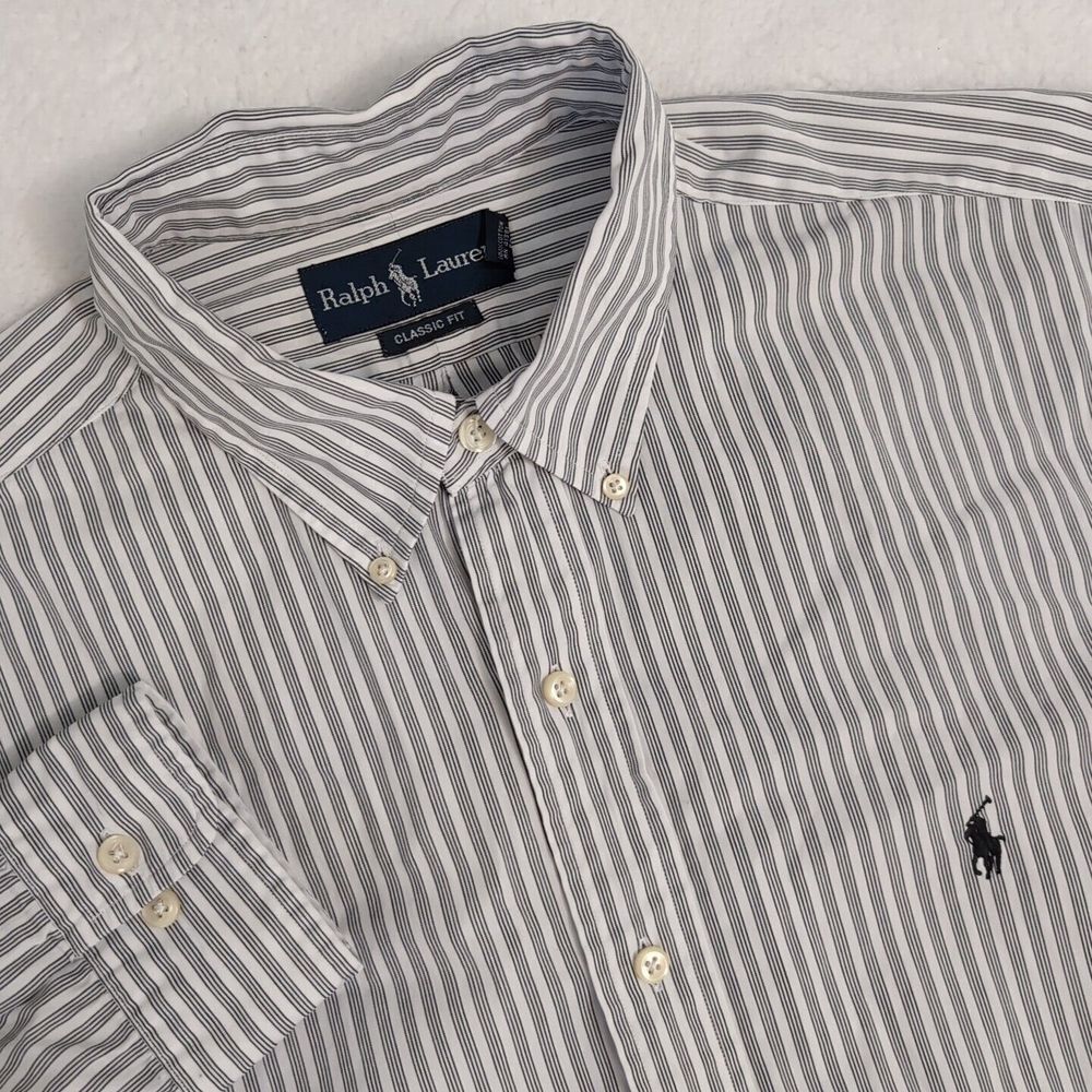 Ralph Lauren Button Down Shirt Mens Classic Fit 17 32/33 Black White Long Sleeve
